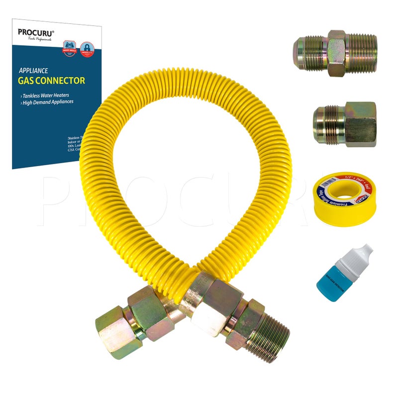 PROCURU 1" OD x 18" (1.5Ft) x 3/4"MIP x 3/4"FIP Universal Flexible Gas Connector Kit, With/Without Service Valves, WP MaxFlow High Capacity SS Tubing for Tankless Water Heater (Blue-A1 Series) - Image 1